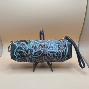Patricia Nash Isla Turquoise Brown Tooled Leather Zipper Wristlet, good cond